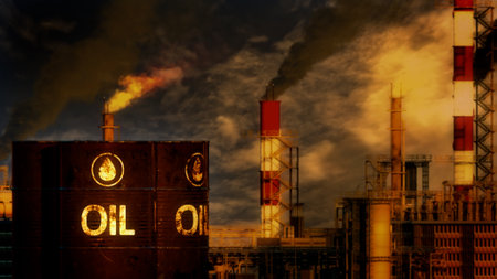 rock-oil refinery with storage tanks on sunset, fictional - industrial 3D illustration