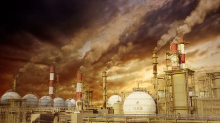 gas or gasoline or LNG storage tanks on refinery at sunset, fictive - industrial 3D rendering