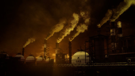 clear natural gas electrical power station with storages at night, fictitious - industrial 3D illustrationの写真素材