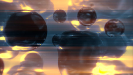 lighting golden smooth benign shapes on black bokeh bg - abstract 3D renderingの写真素材