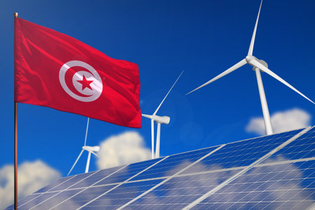 Tunisia renewable energy, wind and solar energy concept with wind turbines and solar panels - alternative energy - industrial illustration, 3D illustrationの写真素材