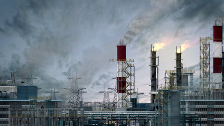 rock-oil thermal electrical power station facility background, fictitious - industrial 3D renderingの写真素材