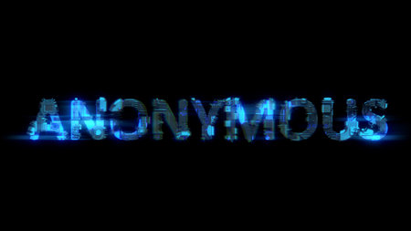 defocused glitch electrical light cybernetical blue text ANONYMOUS, isolated - object 3D renderingの写真素材
