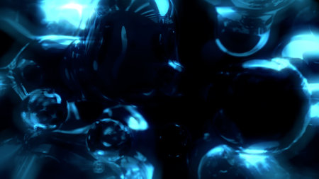 electric blue lighting gauzy film meta spheres on black - abstract 3D illustrationの写真素材