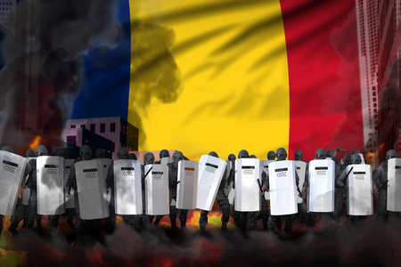 Romania protest fighting concept, police swat on city street are protecting country against disorder - military 3D Illustration on flag backgroundの写真素材