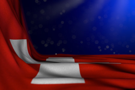 wonderful dark picture of Switzerland flag lying flat in corner on blue background with bokeh and free space for text - any feast flag 3d illustrationの写真素材