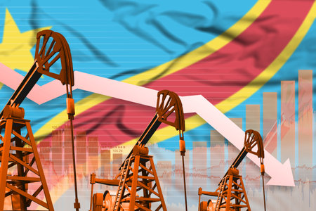 Democratic Republic of the Congo oil industry concept, industrial illustration - lowering down chart on Democratic Republic of the Congo flag background. 3D Illustrationの写真素材