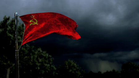 flag for anthem day on dark storm cumulus clouds - abstract 3D renderingの写真素材