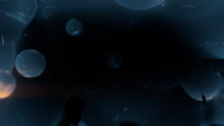 lighting blue smooth morphed fluid particles - dark bokeh background - abstract 3D renderingの写真素材