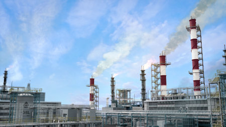 natural oil thermal electrical power station facility background, fictional - industrial 3D renderingの写真素材
