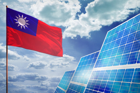 Taiwan Province of China solar energy, alternative energy industrial concept with flag - fight with global warming - industrial illustration, 3D illustrationの写真素材