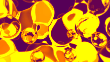 golden gauzy glass balls floating on purple backdrop - abstract 3D renderingの写真素材