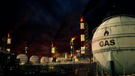 gas or LNG storage tanks on refinery plant at night, fictitious - industrial 3D renderingの写真素材