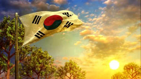 waving flag of Republic of Korea (South Korea) at sundown for national holiday - abstract 3D illustrationの写真素材