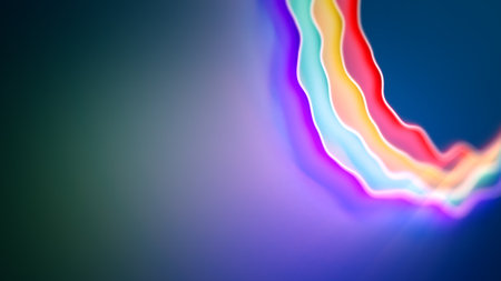 colorful bright rainbow shifted delicate lines on blue background - abstract 3D rendering