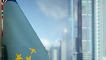 flag of Tuvalu on modern city buildings bokeh bg for national celebration - abstract 3D illustrationの写真素材