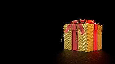 decorated goldish and red gift on black background, isolated - object 3D illustrationの写真素材