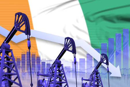 Cote d Ivoire oil industry concept, industrial illustration - lowering down chart on Cote d Ivoire flag background. 3D Illustrationの写真素材