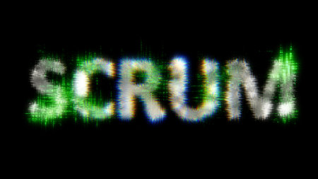 green cybernetic text SCRUM with noise distortion, isolated - object 3D illustrationの写真素材