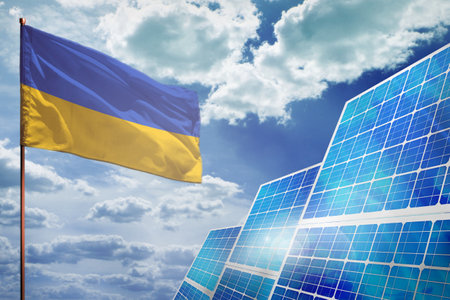 Ukraine solar energy, alternative energy industrial concept with flag - fight with global warming - industrial illustration, 3D illustrationの写真素材