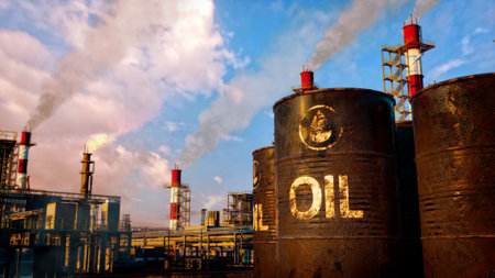naphtha barrels on processing or storage plant backdrop, fictive - industrial 3D illustrationの写真素材