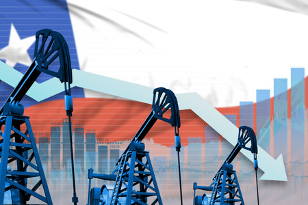 Chile oil industry concept, industrial illustration - lowering down chart on Chile flag background. 3D Illustrationの写真素材