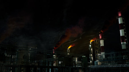 mineral oil thermal powerhouse at night time, fictional - industrial 3D renderingの写真素材