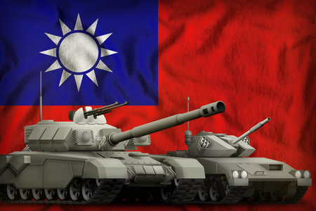 tanks on the Taiwan Province of China flag background. Taiwan Province of China tank forces concept. 3d illustrationの写真素材