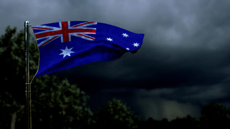 Australia flag for memorial day on dark storm clouds - abstract 3D renderingの写真素材
