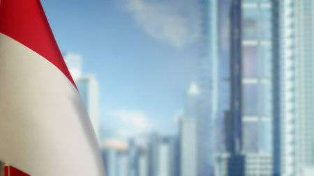 flag of Indonesia on modern city buildings bokeh bg for national holiday - abstract 3D illustrationの写真素材