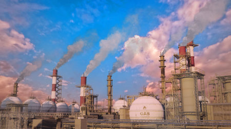 gas or gasoline or LNG storage tanks on refinery plant at sunrise, fictional - industrial 3D illustrationの写真素材