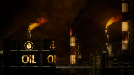oil refinery plant with oil barrels at night, fictional - industrial 3D illustrationの写真素材
