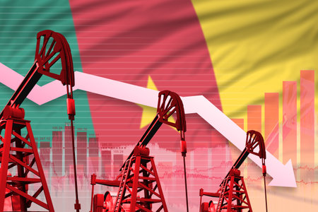 Cameroon oil industry concept, industrial illustration - lowering down chart on Cameroon flag background. 3D Illustrationの写真素材