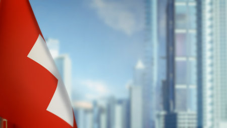 flag of Switzerland on modern city buildings bokeh bg for national holiday - abstract 3D renderingの写真素材