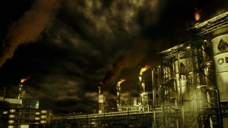 naphtha thermal powerhouse at night time, fictitious - industrial 3D renderingの写真素材