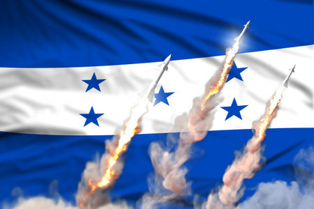 Modern strategic rocket forces concept on flag fabric background, Honduras ballistic warhead attack - military industrial 3D illustration, nuke with flagの写真素材