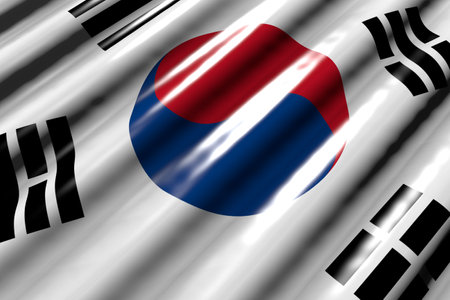 wonderful shiny - looks like plastic flag of Republic of Korea (South Korea) with big folds lying diagonal - any feast flag 3d illustrationの写真素材