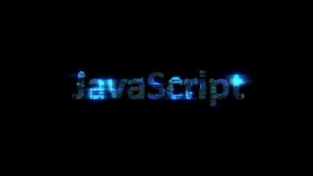 cybernetic electric light shining text JavaScript in glitch style, isolated - object 3D illustrationの写真素材
