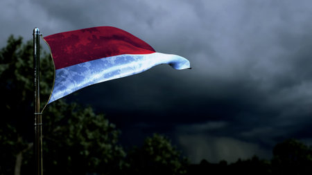 Monaco flag for national celebration on dark storm cumulus clouds - abstract 3D illustrationの写真素材