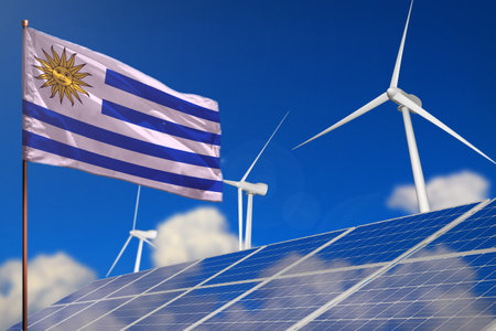 Uruguay renewable energy, wind and solar energy concept with wind turbines and solar panels - alternative energy - industrial illustration, 3D illustrationの写真素材