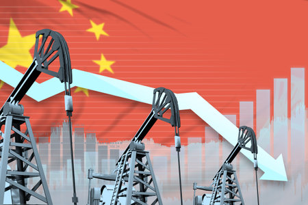 China oil industry concept, industrial illustration - lowering down chart on China flag background. 3D Illustrationの写真素材