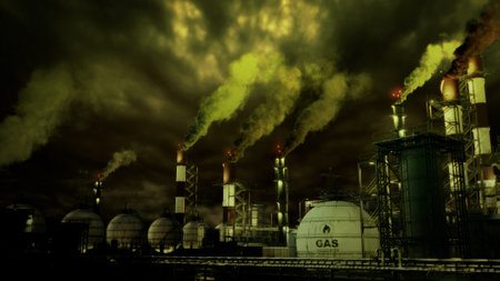 clear gas or gasoline electrical power station with storages at night, fictitious - industrial 3D renderingの写真素材
