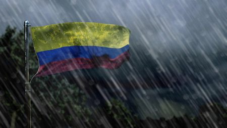 flag of Colombia with rain and dark clouds, rainy weather symbol - nature 3D renderingの写真素材