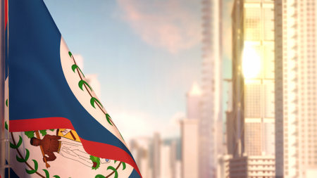 flag of Belize on city skyscrapers buildings vanilla sunrise backdrop for any holiday - abstract 3D renderingの写真素材