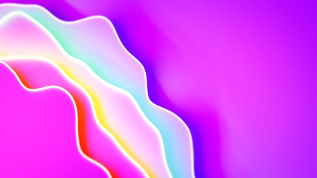 colorful bright rainbow fervent curved objects on rose background - abstract 3D renderingの写真素材