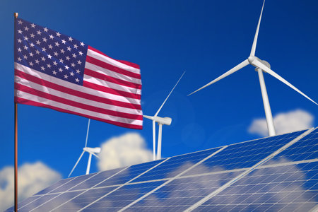 USA renewable energy, wind and solar energy concept with wind turbines and solar panels - alternative energy - industrial illustration, 3D illustrationの写真素材