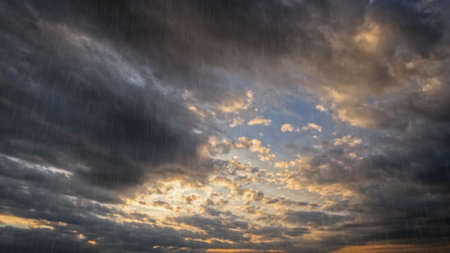 strong rainfall on sky with clouds - nice weather background - photo of nature