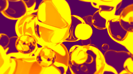 goldish translucent diamond spheres floating on purple background - abstract 3D renderingの写真素材