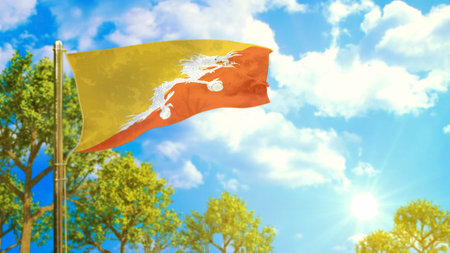 flag of Bhutan at sunny day, clean nature symbol - nature 3D renderingの写真素材