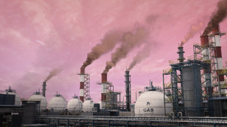 gas thermal power station with storages at sunset, fictional - industrial 3D renderingの写真素材